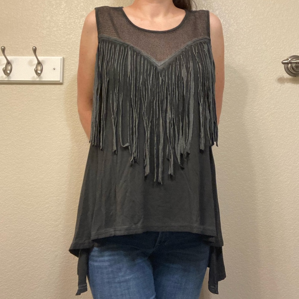 POL Charcoal Fringe Mesh Tank Top (Women’s S)